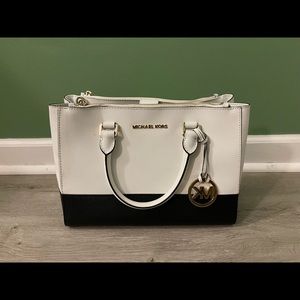 Sutton Medium Saffiano Leather Satchel Optic White Black